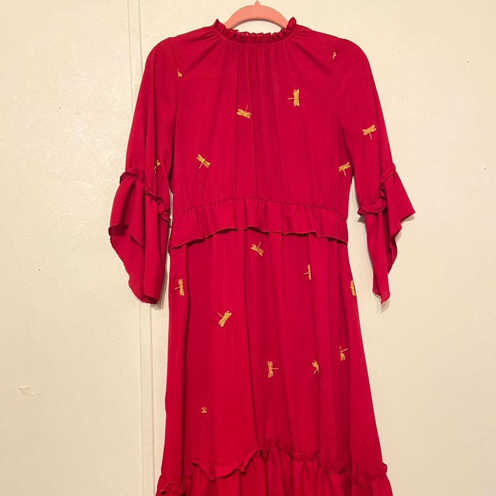 Embroidered red dress with ruffles!